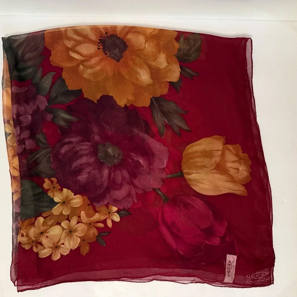 OSCAR DE LA RENTA SCARF SHEER SILK LARGE SQUARE FLORAL DARK RED BROWN GREEN